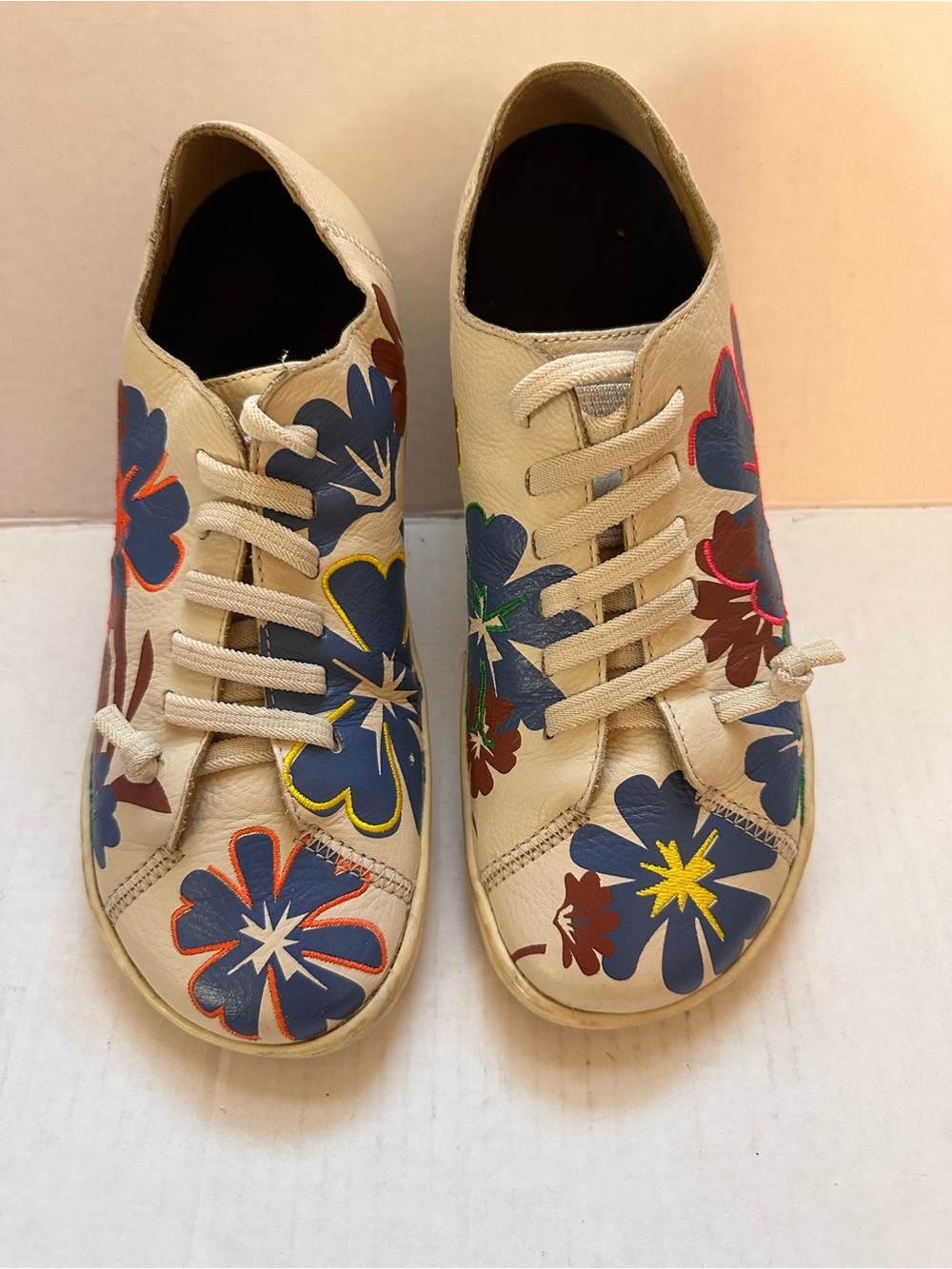 Camper Beige Leather Sneakers with Multicolor Floral Appliqués